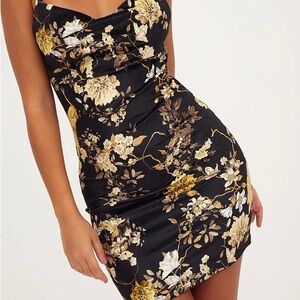 Black Velvet Floral Cowl Neck Bodycon Dress